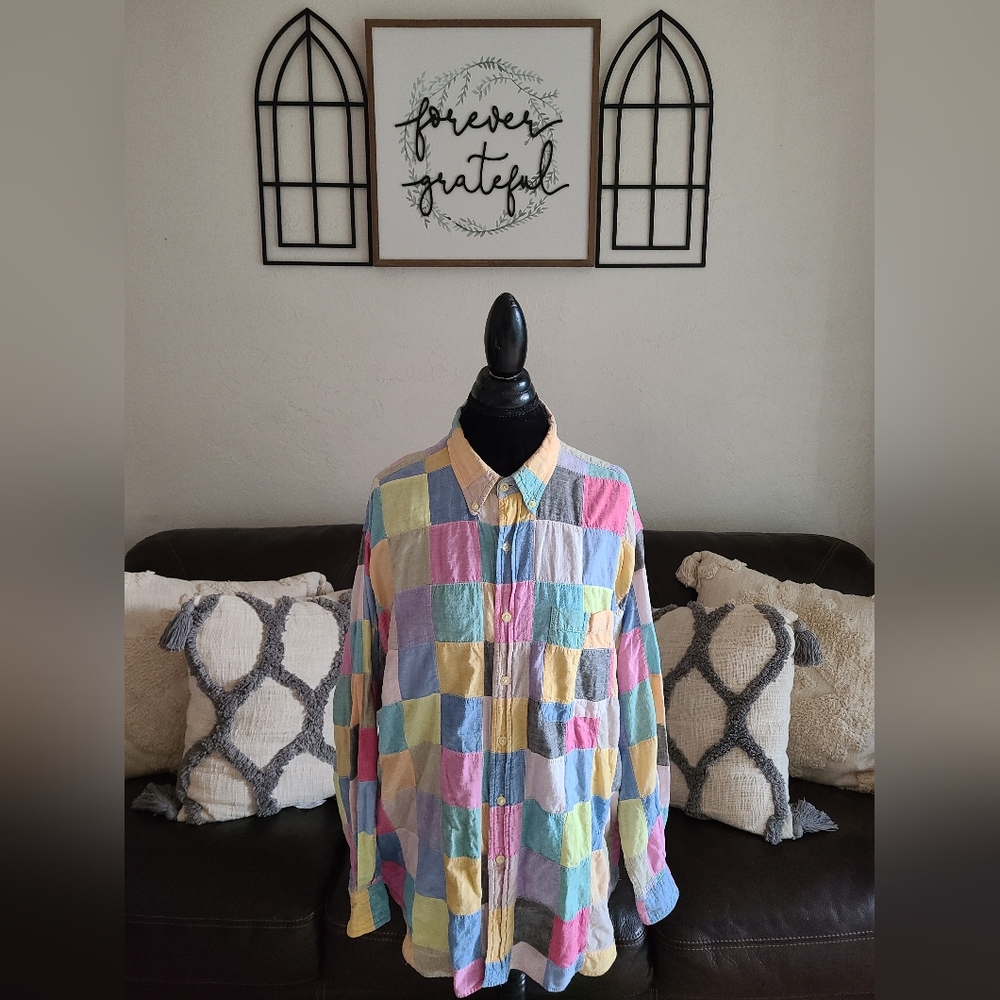 Vintage Orvis Shirt Men's Size XL Multicolor Patchwork Button-Up Long Sleeve